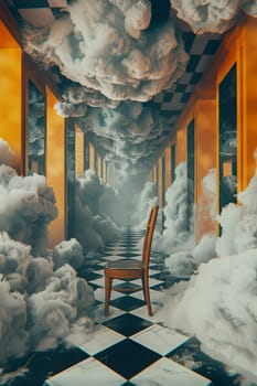 A chair is sitting in a room with a lot of smoke and clouds. The chair is the only object in the room, and it is the only thing that is not affected by the smoke and clouds