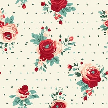 Seamless pattern, tileable floral country holiday print with roses, dots and flowers for wallpaper, wrapping paper, scrapbook, fabric and polka dot roses product design idea