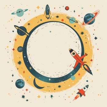 A colorful space scene with planets, stars, and rockets. The idea behind this image is to showcase the vastness and beauty of the universe. The bright colors and playful design evoke a sense of wonder