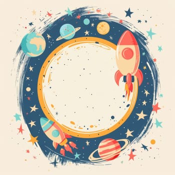 A blue background with a white circle and a bunch of rockets and planets.