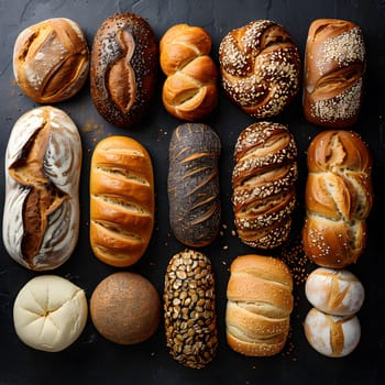 A variety of baked goods made from different ingredients such as wheat, grains, nuts, and seeds are displayed on a wooden table as a staple food in various cuisines