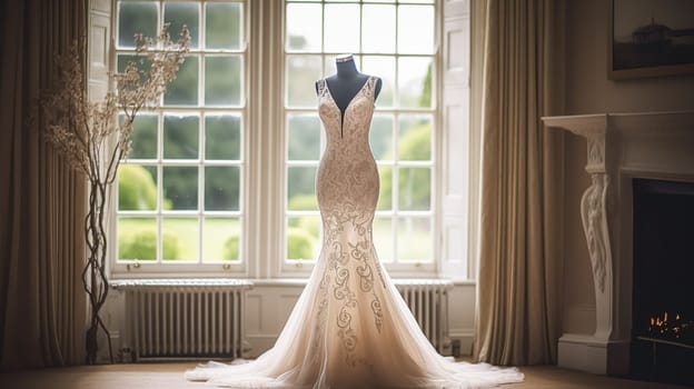 Wedding drees, bridal gown style and bespoke fashion, full-legth white tailored ball gown in showroom, tailor fitting, beauty and wedding inspiration