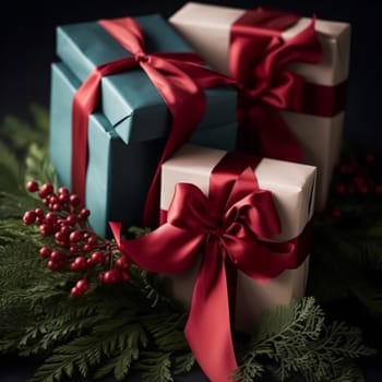 Classic Christmas presents and holiday gifts, wrapped gift boxes under Christmas tree, boxing day and holidays shopping, post-processed, generative ai
