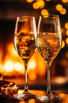 Sparkling wine, proseco or champagne in front of a fireplace on a holiday eve celebration, Merry Christmas, Happy New Year and Happy Holidays idea