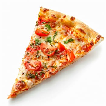 Pizza slice isolated on white background, online delivery from pizzeria, take away and fast food concept