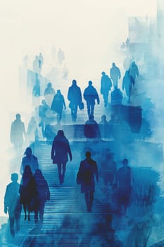 A group of people walking up a blue staircase.