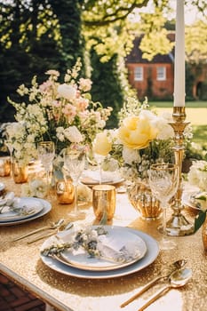 Holiday tablescape, golden formal dinner table setting, table scape with gold decoration for wedding party and event celebration, post-processed, generative ai