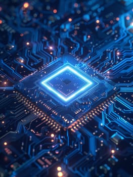 A close up of a computer chip with a blue and orange glow. Concept of technology and innovation, as well as the complexity of modern computer systems