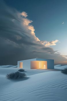 A small white house is on a snowy hill. The sky is cloudy and the sun is setting