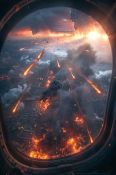 A view of a city from an airplane window with a fire in the background. The fire is so intense that it is visible through the airplane window. The scene is chaotic and dangerous