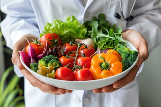 Doctor Holding Plate with Healthy and Delicious Vegetables and Fruits Concept Nutrition and Health.