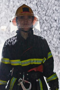 A determined female firefighter in a professional uniform striding through the dangerous, rainy night on a daring rescue mission, showcasing her unwavering bravery and commitment to saving lives