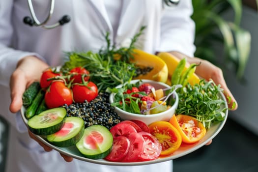 Doctor Holding Plate with Healthy and Delicious Vegetables and Fruits Concept Nutrition and Health.