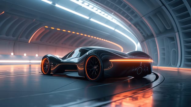 Asymmetrical Car Concept Displayed in Futuristic Showroom Emphasizing Radical Design and Technological Advancements Concept Cutting-Edge Automotive Innovation.