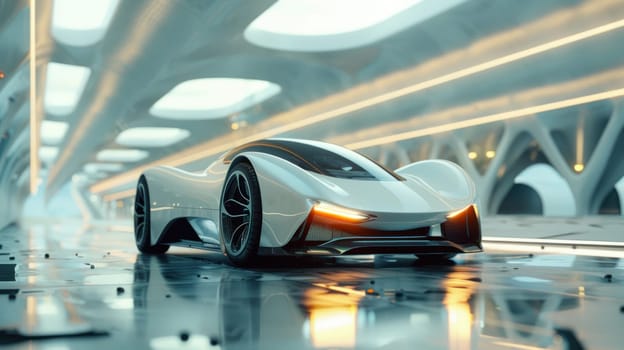 Asymmetrical Car Concept Displayed in Futuristic Showroom Emphasizing Radical Design and Technological Advancements Concept Cutting-Edge Automotive Innovation.