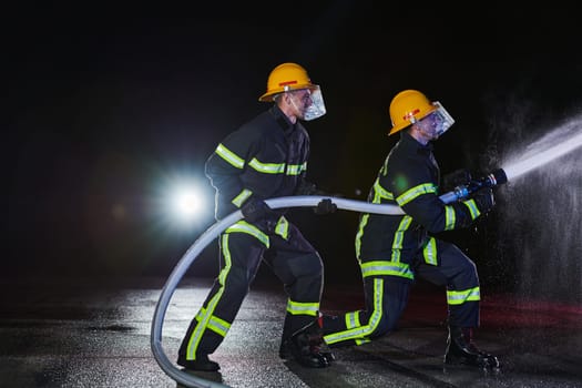 Firefighters using a water hose to eliminate a fire hazard. Team of female and male firemen in dangerous rescue mission