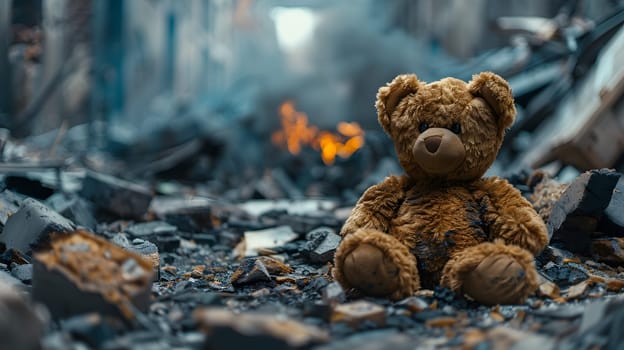 A stuffed toy teddy bear is placed amidst a pile of rocks in a still life photography composition, showcasing the contrast between the soft fur and hard terrain