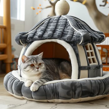 Cute cat in comfortable cat house has an ancient style.