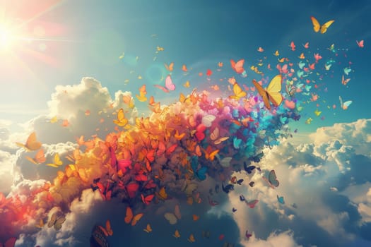 A colorful sky with many butterflies flying in it. The sky is filled with a variety of colors and the butterflies are of different sizes and colors. The scene is lively and full of energy