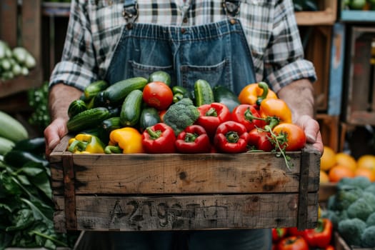 A man is holding a wooden crate full of vegetables including tomatoes, cucumbers, peppers, and broccoli