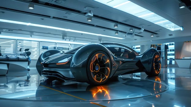 Asymmetrical Car Concept Displayed in Futuristic Showroom Emphasizing Radical Design and Technological Advancements Concept Cutting-Edge Automotive Innovation.