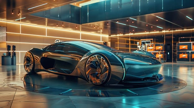 Asymmetrical Car Concept Displayed in Futuristic Showroom Emphasizing Radical Design and Technological Advancements Concept Cutting-Edge Automotive Innovation.