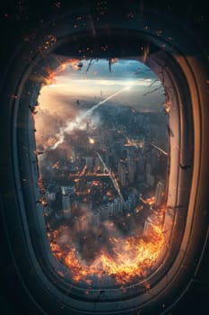 A view of a city from an airplane window with a fire in the background. The fire is so intense that it is visible through the airplane window. The scene is chaotic and dangerous