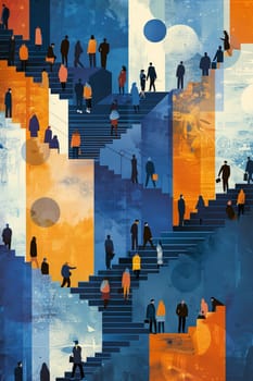 A painting of a group of people walking up a set of stairs. The painting is a mix of blue and yellow colors. The people are walking up the stairs, and some of them are carrying handbags