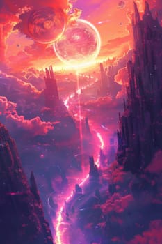 A colorful space scene with two large planets and a glowing trail of light. Scene is dreamy and imaginative