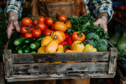 A man is holding a wooden crate full of vegetables including tomatoes, cucumbers, peppers, and broccoli