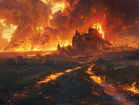 A castle on fire with a path leading to it, surreal city. The mood of the painting is intense and dramatic