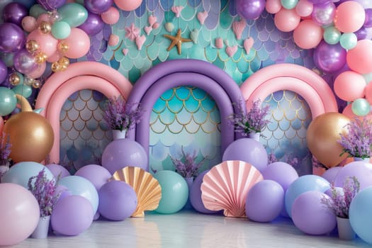 A purple and blue room with a lot of balloons and decorations. The room is decorated for a child's birthday party