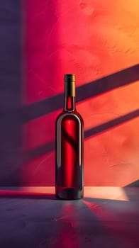 A glass bottle of red wine is elegantly displayed on a table in front of a wall. The rich fluid inside tints the bottle with shades of deep red, enticing you to pour a drink