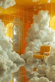 A room with a chair and a mirror. The room is filled with clouds and the chair is the only object in the room