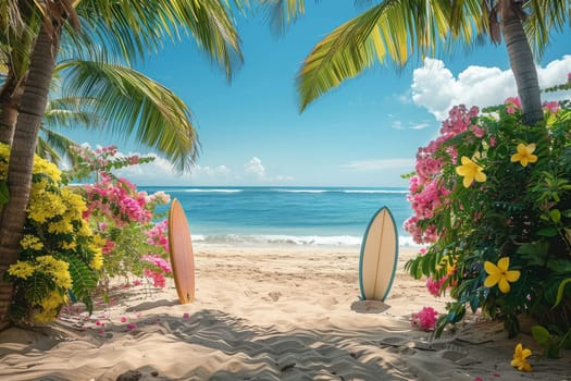 A beautiful beach scene with palm trees and a clear blue ocean. The beach is lined with flowers and a surfboard is visible in the foreground. Scene is peaceful and relaxing