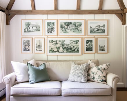 Living room gallery wall, home decor and wall art, framed art in the English country cottage interior, room for diy printable artwork mockup and print shop idea