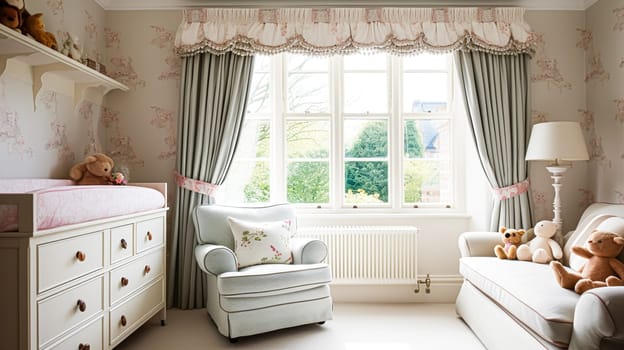 Baby room decor and interior design inspiration in beautiful English countryside style cottage