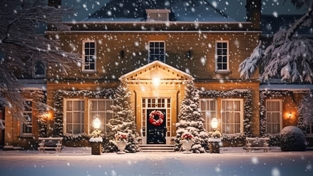 Christmas in the countryside manor, English country house mansion decorated for holidays on a snowy winter evening with snow and holiday lights, Merry Christmas and Happy Holidays design