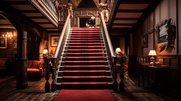 Christmas at the manor, grand entrance hall with staircase and Christmas tree, English countryside decoration and festive interior decor