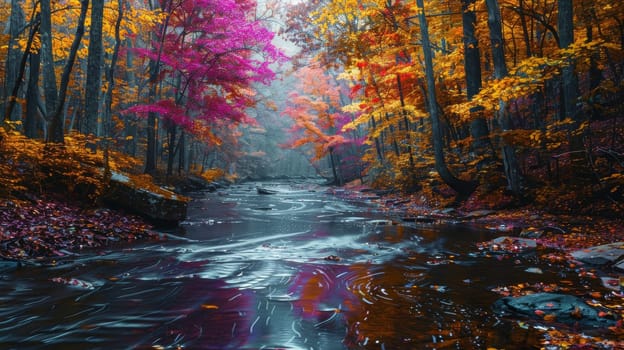 A river with a colorful fall foliage lining the banks. The water is calm and clear. The trees are in full bloom, with leaves of various colors, including red, orange, and yellow. The scene is serene