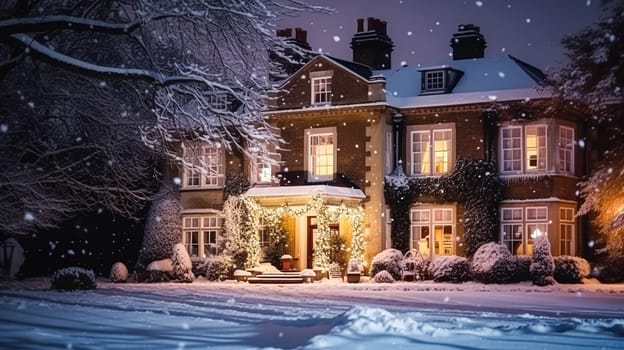 Christmas in the countryside manor, English country house mansion decorated for holidays on a snowy winter evening with snow and holiday lights, Merry Christmas and Happy Holidays design