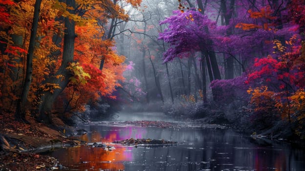 A river with a colorful fall foliage lining the banks. The water is calm and clear. The trees are in full bloom, with leaves of various colors, including red, orange, and yellow. The scene is serene