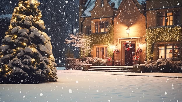 Christmas in the countryside manor, English country house mansion decorated for holidays on a snowy winter evening with snow and holiday lights, Merry Christmas and Happy Holidays design