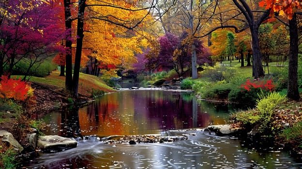 A river with a colorful fall foliage lining the banks. The water is calm and clear. The trees are in full bloom, with leaves of various colors, including red, orange, and yellow. The scene is serene