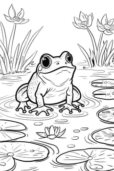 A handdrawn image of a True frog, a vertebrate organism, sitting in a pond surrounded by water lilies. The black and white drawing shows the frogs fingers and white skin