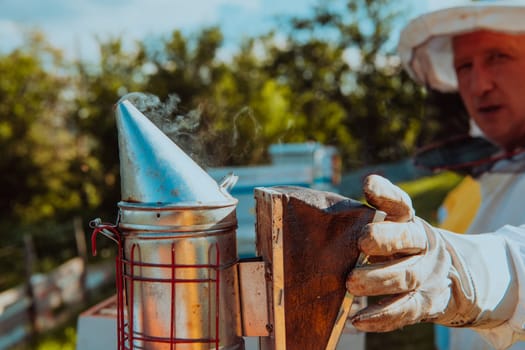 The beekeeper using smoke to calm the bees and begins to inspect the honey.