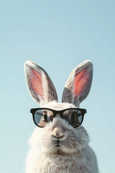 A white rabbit with sunglasses on its head, against a blue sky background. The glasses are perched on its fawncolored fur, near its whiskers and floppy ears