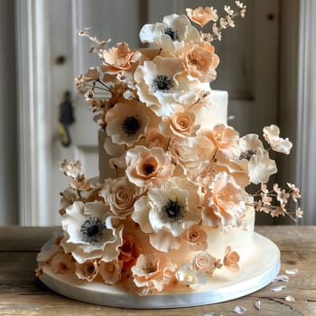 A beautifully decorated wedding cake adorned with flowers is displayed on a rustic wooden table, showcasing a stunning blend of floral elements and baked goods