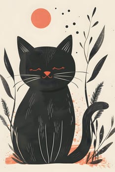 A Felidae carnivore, the black Cat sits in the grass with closed eyes. Its whiskers blend in with the plants, creating a picturesque scene perfect for a painting