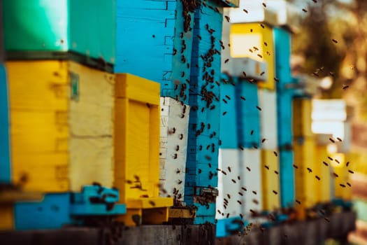 Close up photo of bees hovering around the hive carrying pollen.